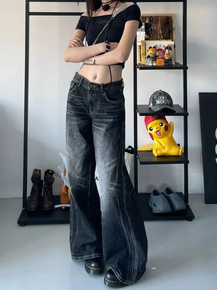 Wjczt Grunge Y2k Black Jeans Women Baggy Vintage High Street Oversized Denim Trousers Gothic Gyaru 2000s Acubi Fashion Jeans Trousers Print Floral Trousers Print Floral