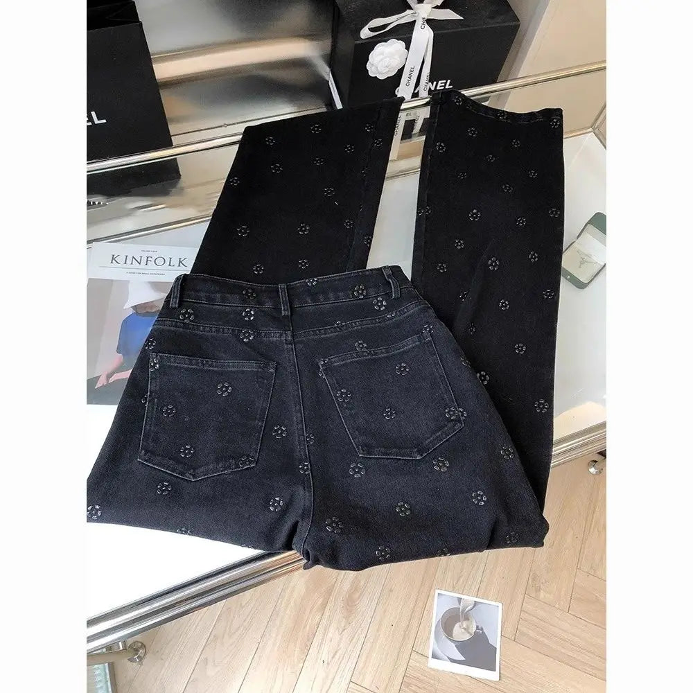 Wjczt Denim Straight-Leg Pants Women's Trendy 2024 New Spring High Waist Slim Fit Slimming Heavy Embroidery Hot Drilling Mop Trousers Trousers Ceremony Elegant Trousers Ceremony Elegant