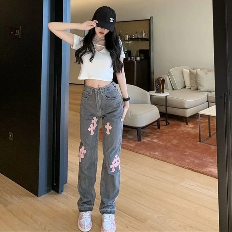 Wjczt Streetwear Korean Fashion Cross Applique Jeans Woman High Waist Y2k Straight Baggy Pants Versatile Casual Grey Denim Trousers Trousers sophisticated sleek Trousers sophisticated sleek Wjczt Streetwear Korean Fashion Cross Applique Jeans Woman High Waist Y2k Straight Baggy Pants Versatile Casual Grey Denim Trousers Trousers sophisticated sleek Trousers sophisticated sleek