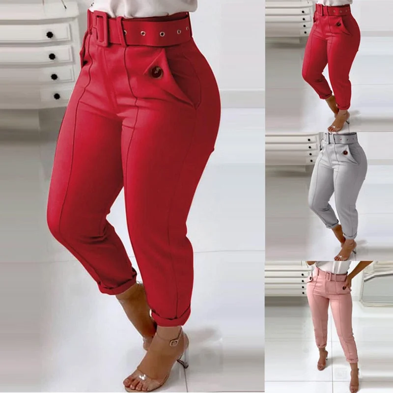 Wjczt High Waist Pants For Women With Belt Elegant Office Lady Y2K Pant Korean Fashion Solid Color Trousers For Women's Clothing 2021 Trousers Elastic Waist Soft Trousers Elastic Waist Soft