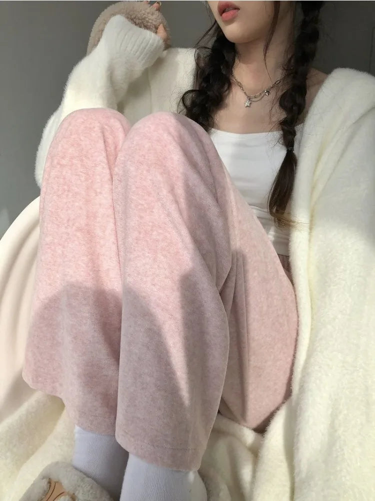 Wjczt Casual Korean Style Women Pants Baggy Elegant Pink High Waist Pleated Trousers Harajuku Cute Autumn Wide Home Pants Warm Trousers Travel Practical Trousers Travel Practical