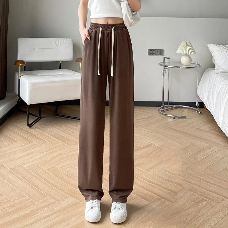 Wjczt Girls' New Summer Slim Ice Silk Quick Drying Wide Leg Pants Women'S Fashion Trend Versatile Anti Mosquito Straight Trousers High Waist Slim Fit Ankle Length High Waist Slim Fit Ankle Length