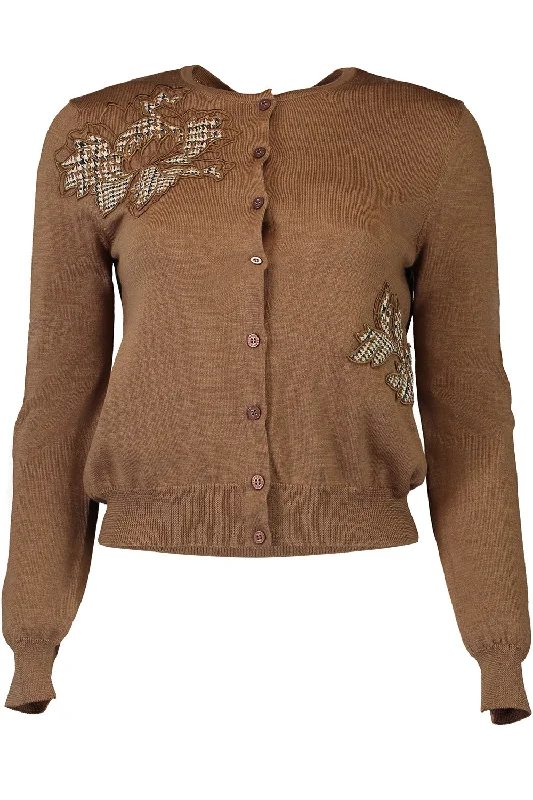 Peony Appliqué Plaid Cardigan Toggled Drawstring Belted Toggled Drawstring Belted