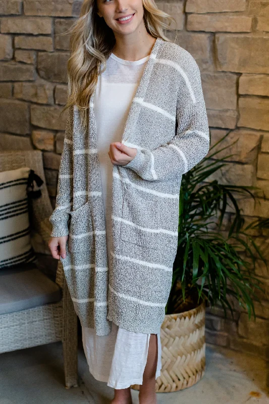 White + Gray Striped Long Cardigan - FINAL SALE Striped Floral Plaid Striped Floral Plaid