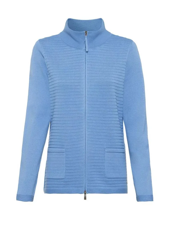 Olsen Ribbed Zip Cardigan, Cornflower Cardigan Knitwear Sweater Cardigan Knitwear Sweater