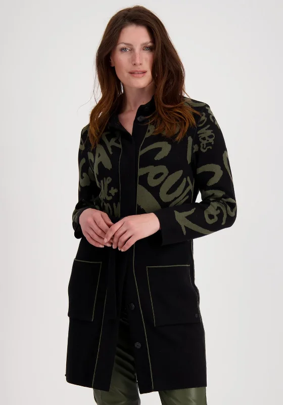 Monari Text Print Long Knit Cardigan, Black & Khaki Open Front Closed Front Wrap Front Open Front Closed Front Wrap Front