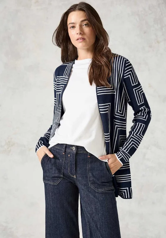 Cecil Geometric Print Open Front Cardigan, Navy Zippered Buttoned Snapped Zippered Buttoned Snapped