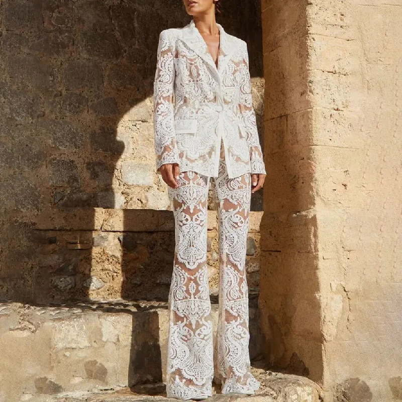 Ornate Floral Embroidered Bootcut Sheer Mesh Sequined Blazer Matching Set Women's Elegant Suit Ornate Floral Embroidered Bootcut Sheer Mesh Sequined Blazer Matching Set Women's Elegant Suit