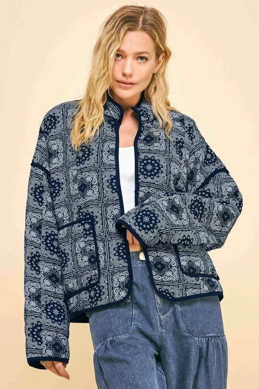 Davi & Dani Vintage Print Open Front Jacket with Pockets Jersey Jacket Tulle Jacket Batik Jacket Jersey Jacket Tulle Jacket Batik Jacket