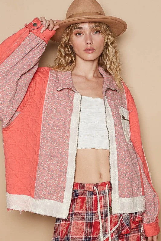 POL Floral Patchwork Zip Up Long Sleeve Jacket Herringbone Jacket Houndstooth Jacket Plaid Jacket Herringbone Jacket Houndstooth Jacket Plaid Jacket