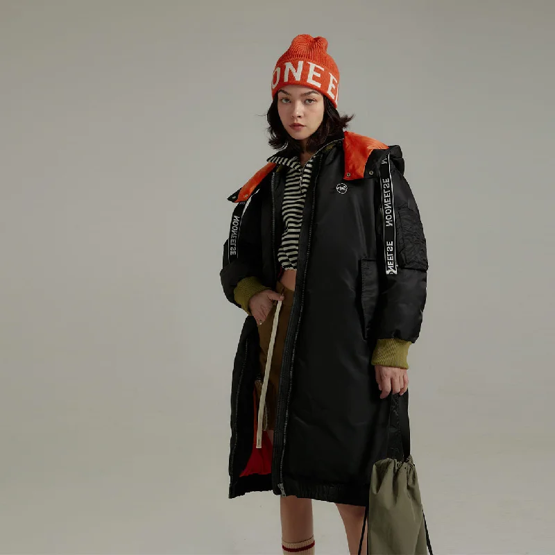 Color Matching Loose Short Long Padded Coat Asymmetrical Collar Hooded Zippered