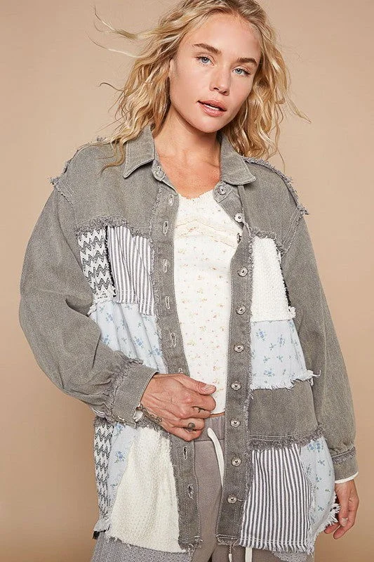 POL Raw Hem Patchwork Dropped Shoulder Jacket Striped Jacket Polka Dot Jacket Floral Jacket Striped Jacket Polka Dot Jacket Floral Jacket