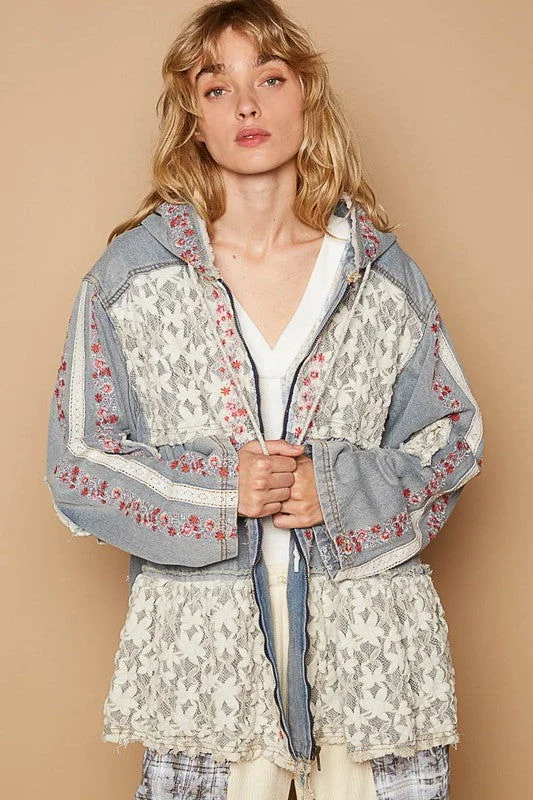 POL Embroidered Lace Patch Zip Up Hooded Jacket A-Line Jacket Boat Neck Shawl Collar A-Line Jacket Boat Neck Shawl Collar