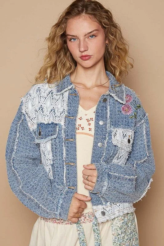 POL Crochet Patch Embroidered Button Up Jacket In Blue Zippered Front Buttoned Front Snap Front Zippered Front Buttoned Front Snap Front