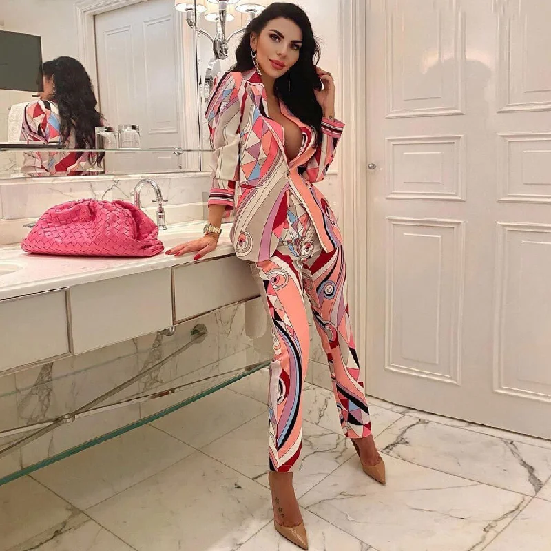 Geometric Print Collared Long Sleeve Blazer Matching Set - Pink Women's Premium Blazer Geometric Print Collared Long Sleeve Blazer Matching Set - Pink Women's Premium Blazer