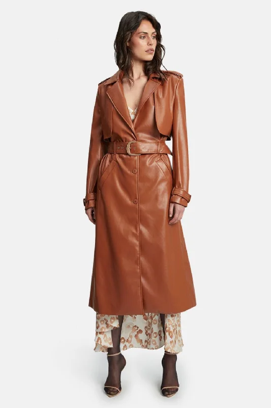 Vegan Leather Trench Coat - Tan Solid Print Jacquard