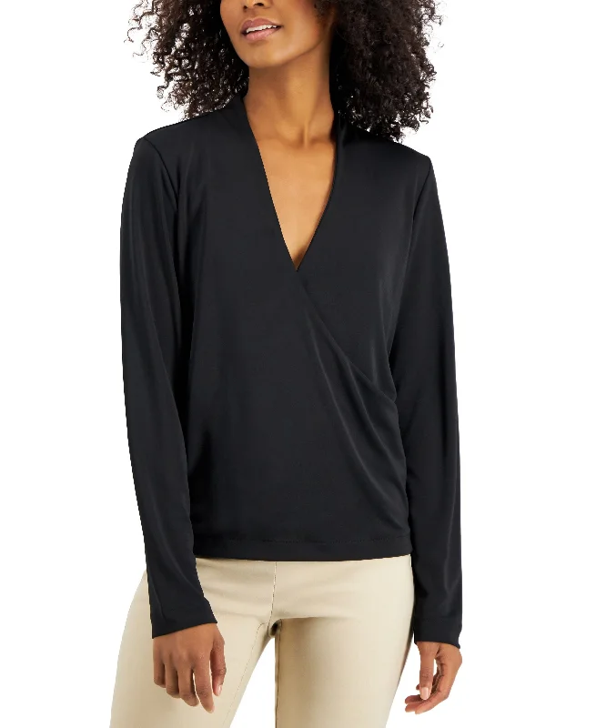 Women's Printed Faux-Wrap Surplice Knit Top Gold Knit Top