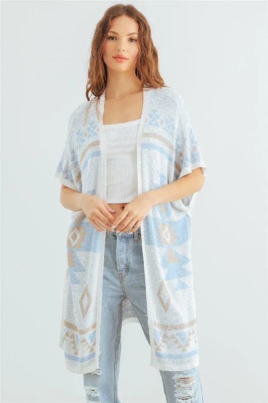Sky Mix Tribal Print Knit Open Front Cardigan /2-2-2 Hooded Cardigan Collared Cardigan Shawl Collar Hooded Cardigan Collared Cardigan Shawl Collar