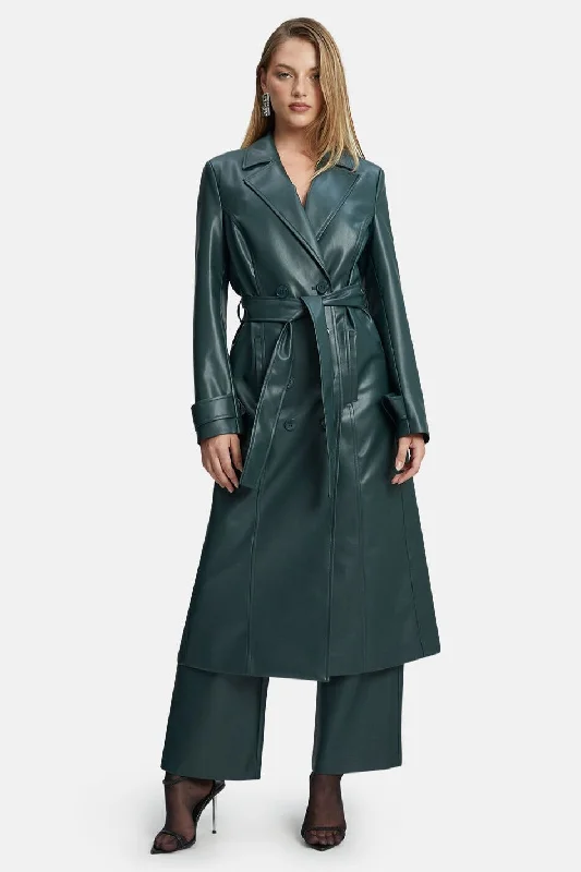 Vegan Leather Trench Coat - Evergreen Striped Polka Dot Floral