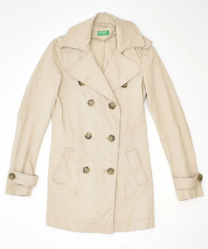 BENETTON Womens Double Breasted Coat UK 6 XS Beige Cotton Trim Padded Insulated