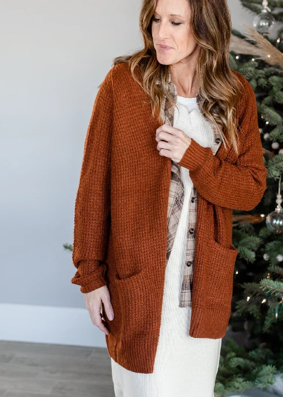 Rust Open Front Waffle Knit Cardigan - FINAL SALE Fitted Loose Oversized Fitted Loose Oversized Rust Open Front Waffle Knit Cardigan - FINAL SALE Fitted Loose Oversized Fitted Loose Oversized
