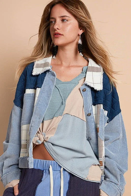 POL Corduroy Jacquard Patchwork Button Up Jacket In Blue Belted Jacket Elasticated Jacket Padded Jacket Belted Jacket Elasticated Jacket Padded Jacket