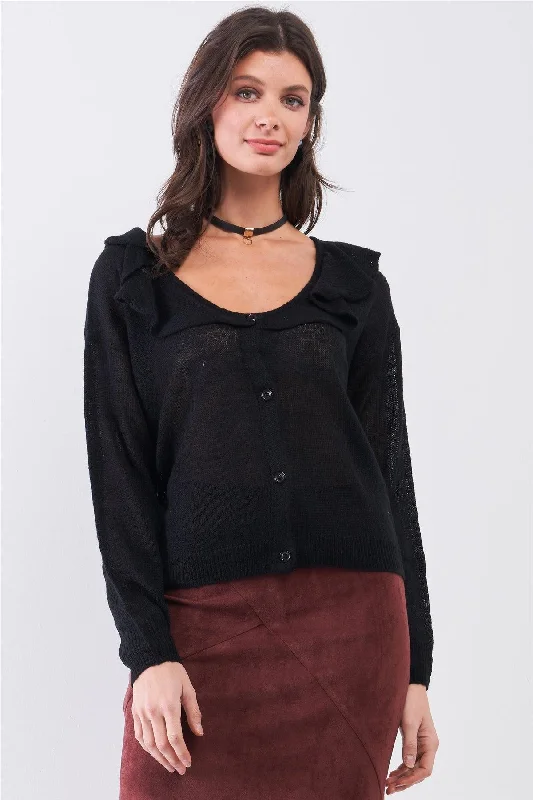 Black Round Neck Bertha Collar Button-Front Cardigan /3-2-1 Faux Fur Fabric Real Fur Fabric Shearling Fabric Faux Fur Fabric Real Fur Fabric Shearling Fabric