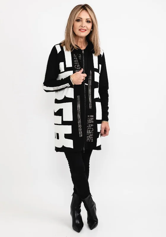 I’cona Letter Print Zip Long Cardigan, Black & White Long Cardigan Short Cardigan Medium Cardigan Long Cardigan Short Cardigan Medium Cardigan