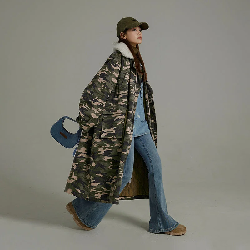 Camo Loose Fit Dumble Collar Coat Crew Neck V-Neck Boat Neck