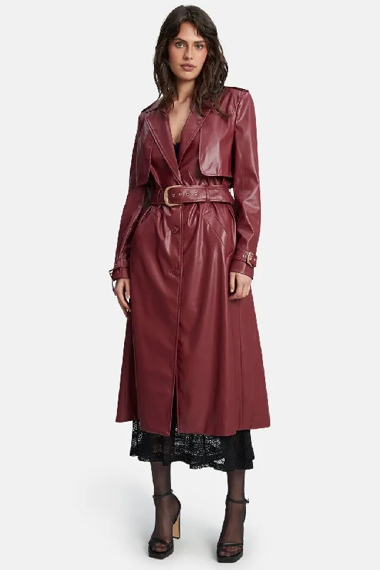 Vegan Leather Trench Coat - Burgundy Embroidered Appliqued Beaded