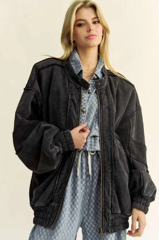 Davi & Dani Exposed Seam Zip Up Dropped Shoulder Jacket Denim Jacket Leather Jacket Suede Jacket Denim Jacket Leather Jacket Suede Jacket