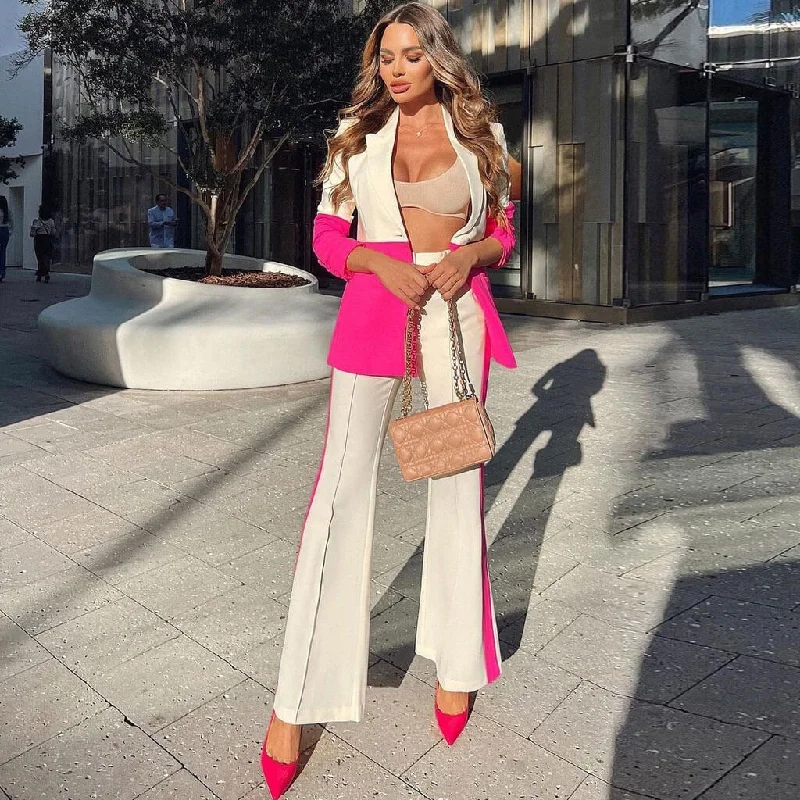 Chic Color Panel Single Breasted Bootcut Blazer Matching Set - Pink Women's Elegant Suit Chic Color Panel Single Breasted Bootcut Blazer Matching Set - Pink Women's Elegant Suit
