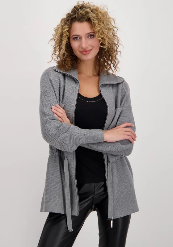 Monari Drawstring Waist Knit Cardigan, Grey Mesh Cardigan Canvas Denim Mesh Cardigan Canvas Denim