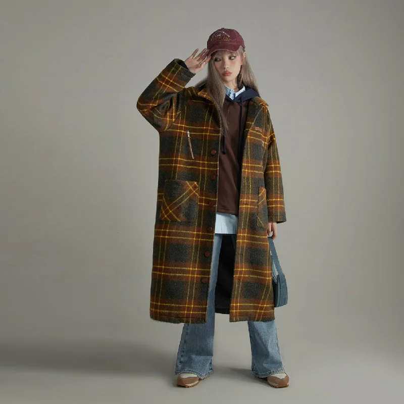 Vintage Check Loose Coat Elasticated Drawstring Belted