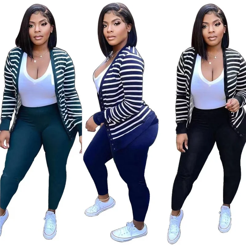 Wholesale fashion stripe button cardigan Pants Set 2PC(CL9640) Thin Thick Dense Thin Thick Dense Wholesale fashion stripe button cardigan Pants Set 2PC(CL9640) Thin Thick Dense Thin Thick Dense