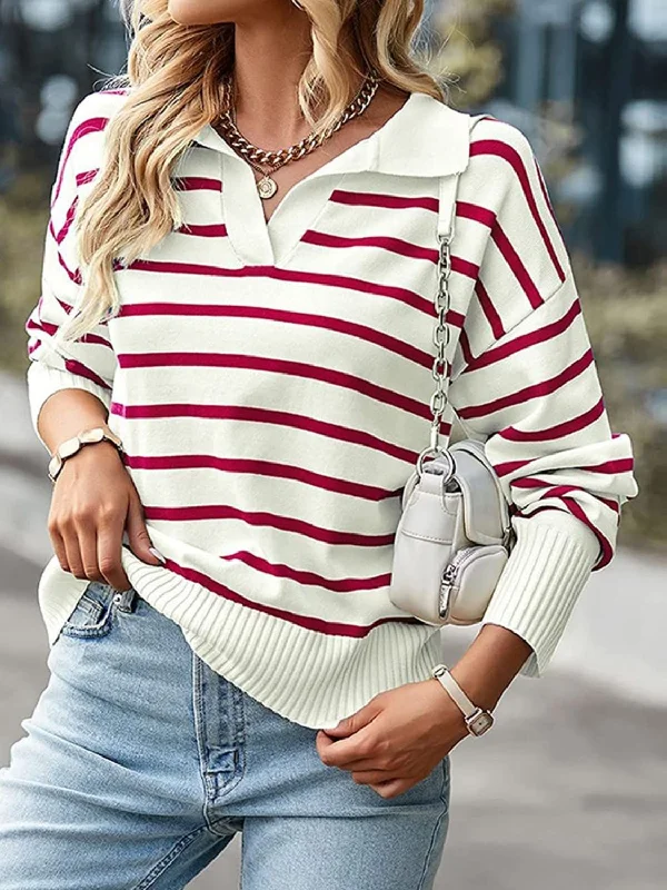 Striped Collared Neck Knit Top Party Knit Blouse