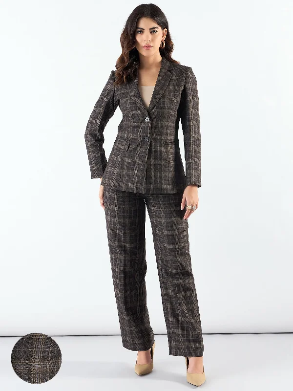 Brown Notched Lapel Tailored Fit Long Warm Checkered Blazer Paired With Trouser Women's Custom Jacket Brown Notched Lapel Tailored Fit Long Warm Checkered Blazer Paired With Trouser Women's Custom Jacket