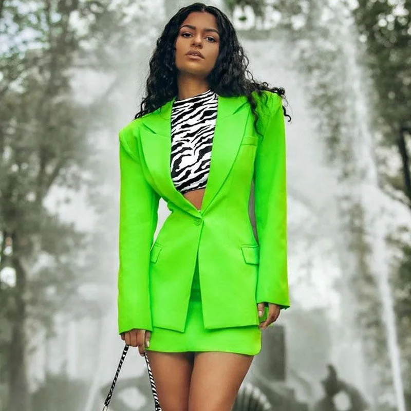 Luxury Long Sleeve Padded Shoulder Blazer Matching Set - Neon Green Women's Fashion Blazer Luxury Long Sleeve Padded Shoulder Blazer Matching Set - Neon Green Women's Fashion Blazer