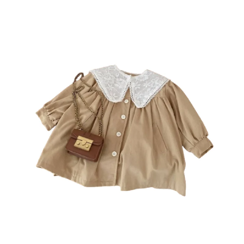 Toddler Girls Lace Decorative Detachable Collar Dress Coat Front Pockets Side Pockets Patch Pockets