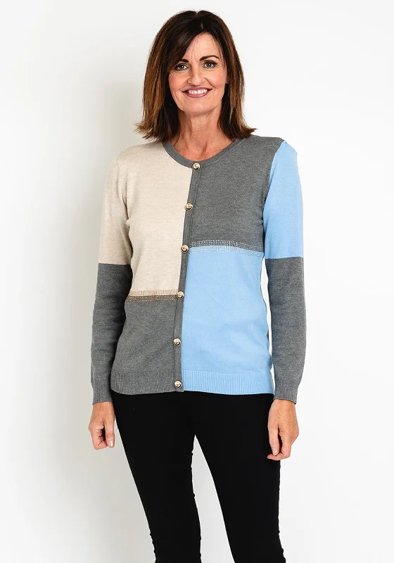 Natalia Collection Colour Block Knit Cardigan, Blue Denim Fabric Leather Fabric Suede Fabric Denim Fabric Leather Fabric Suede Fabric