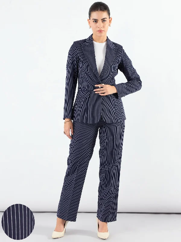Blue-Striped Asymmetric Blazer With Tailored Elasticated Fit Trouser Women's Vintage Jacket Blue-Striped Asymmetric Blazer With Tailored Elasticated Fit Trouser Women's Vintage Jacket