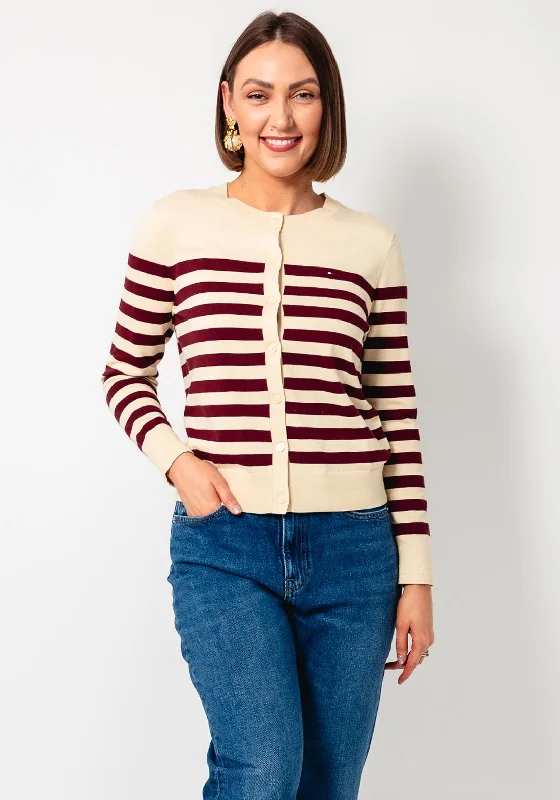 Tommy Hilfiger Striped Knit Cardigan, Beige and Burgundy Print Jacquard Patchwork Print Jacquard Patchwork