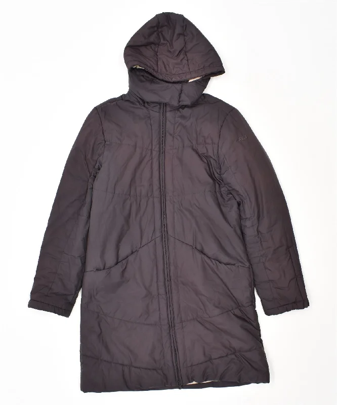 FILA Womens Hooded Padded Coat UK 12 Medium Black Nylon Square Neck One-Shoulder Off-the-Shoulder