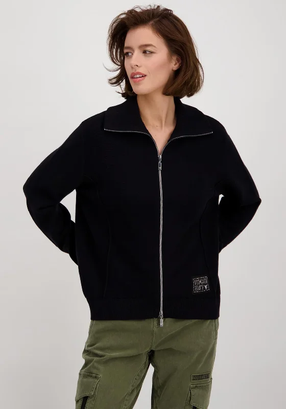 Monari Wing Collar Zipped Cardigan, Black Cable Knit Ribbed Knit Lace Knit Cable Knit Ribbed Knit Lace Knit