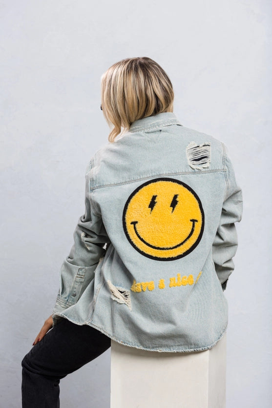 YELLOW SMILEY FACE LONG DENIM JACKET Ribbed Jacket Pleated Jacket Ruffled Jacket Ribbed Jacket Pleated Jacket Ruffled Jacket