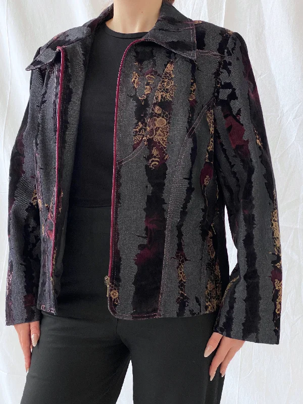 Vintage Christine LAURE Denim Zip-up Leopard Velvet Patches Blazer - XL Women's Leather Blazer