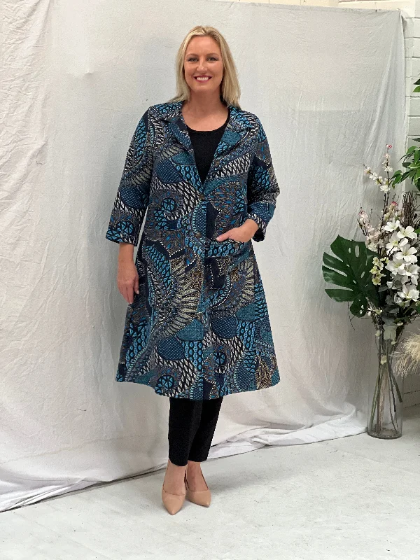 Lorelai Blue Abstract Fleece Coat Sequined Lace Ribbed