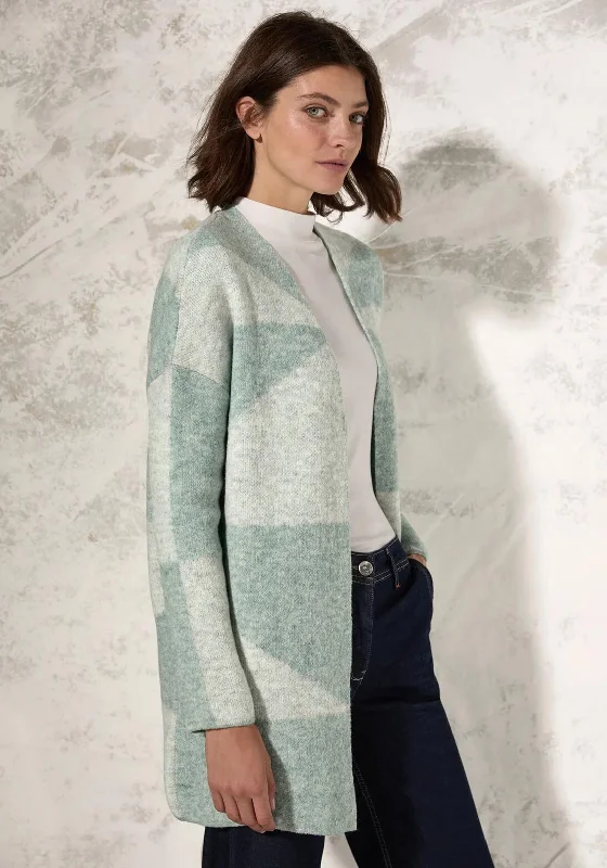 Cecil Geometric Print Knit Cardigan, Turquoise Collared Crew Neck Turtle Neck Collared Crew Neck Turtle Neck