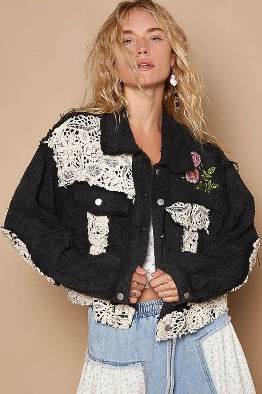 POL Crochet Patch Embroidered Button Up Jacket Welt Pockets Slit Pockets Flap Pockets Welt Pockets Slit Pockets Flap Pockets