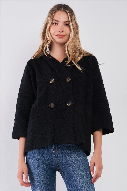 Black Knit Buttoned Front 3/4 Sleeve Hooded Cardigan Denim Fabric Leather Fabric Suede Fabric Denim Fabric Leather Fabric Suede Fabric